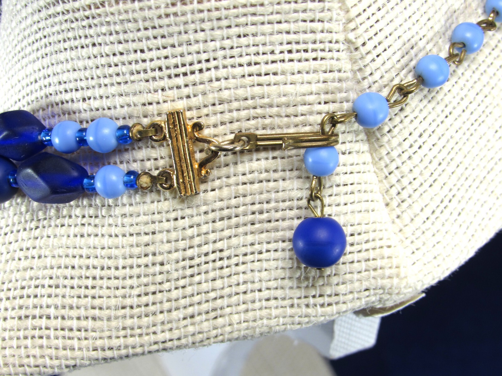 Vintage Blue and Purple 2 Strand Art Glass Bead Necklace with Sea Glass Finish.