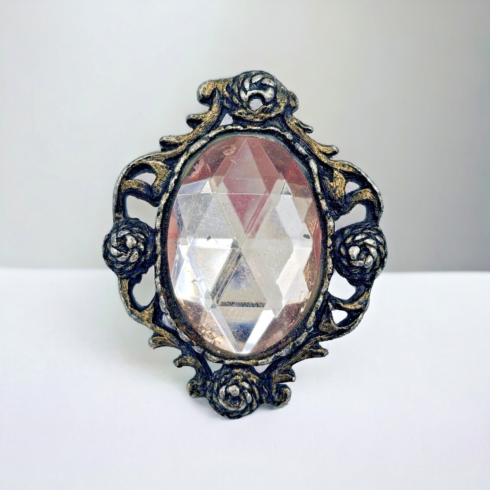 Victorian Faceted Gem Brooch Pendant Vintage Pale Pink Rope Flowers Estate Pin