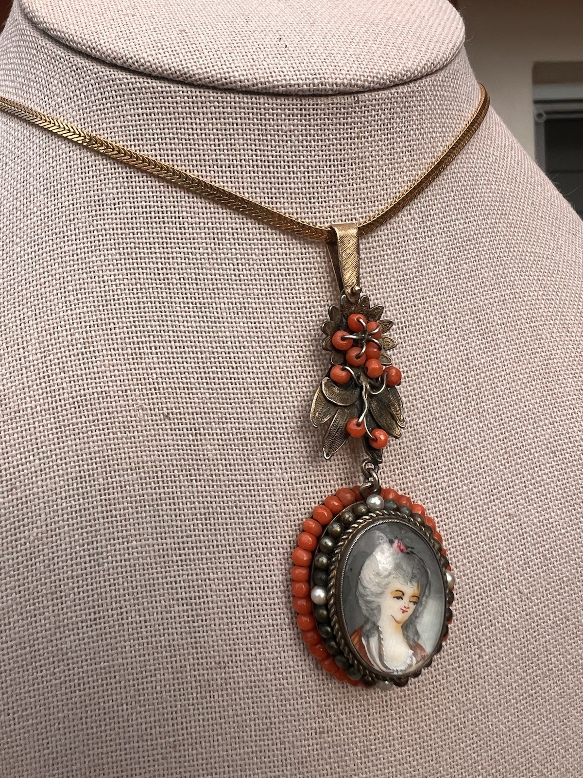Antique Yellow Gold + Silver Coral Seed Pearls Hand Painted Portrait Pendant
