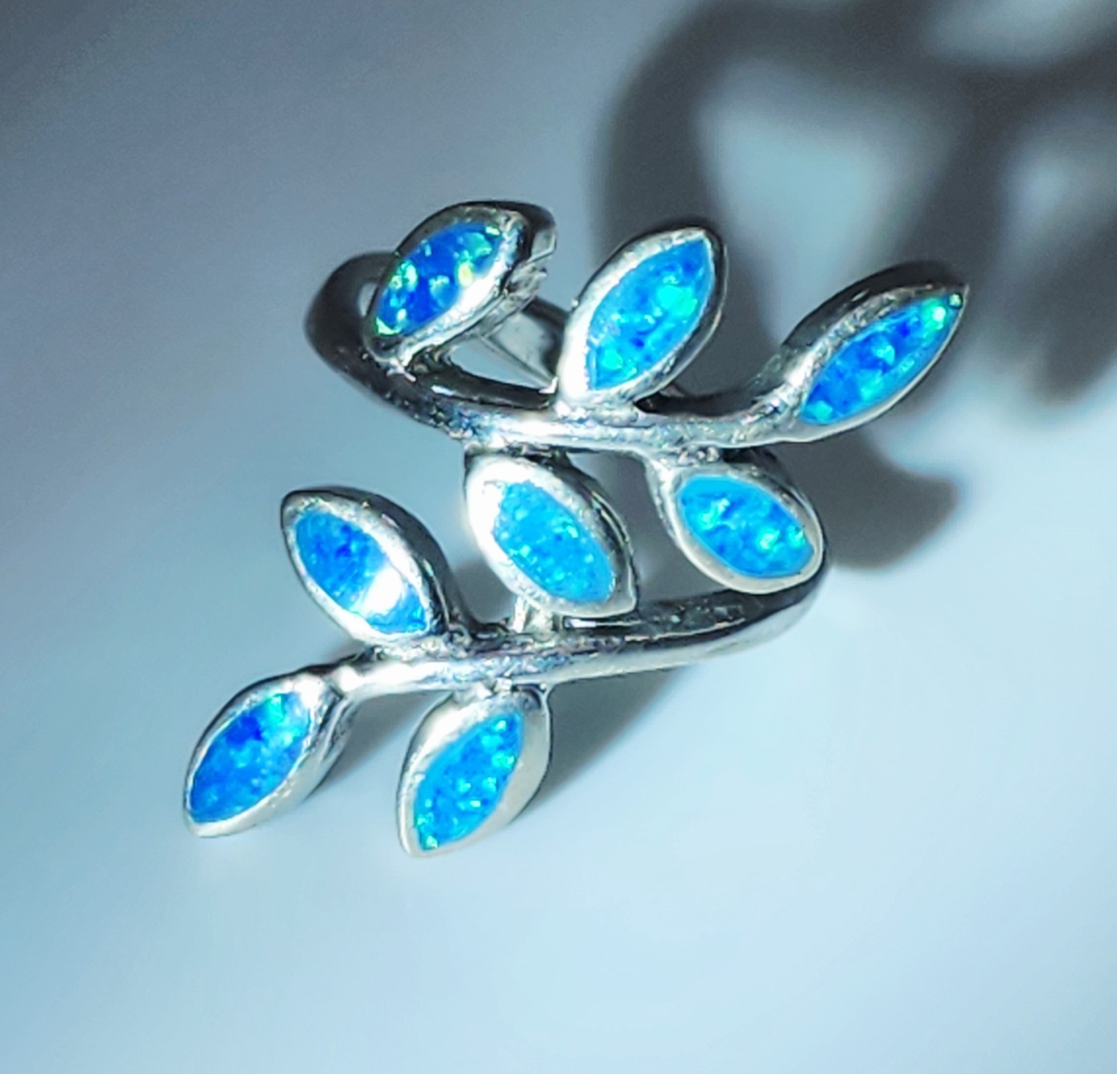 SI Sterling Silver Blue Fire Opal Inlay Branch & Leaf Bypass Ring Size 6.75