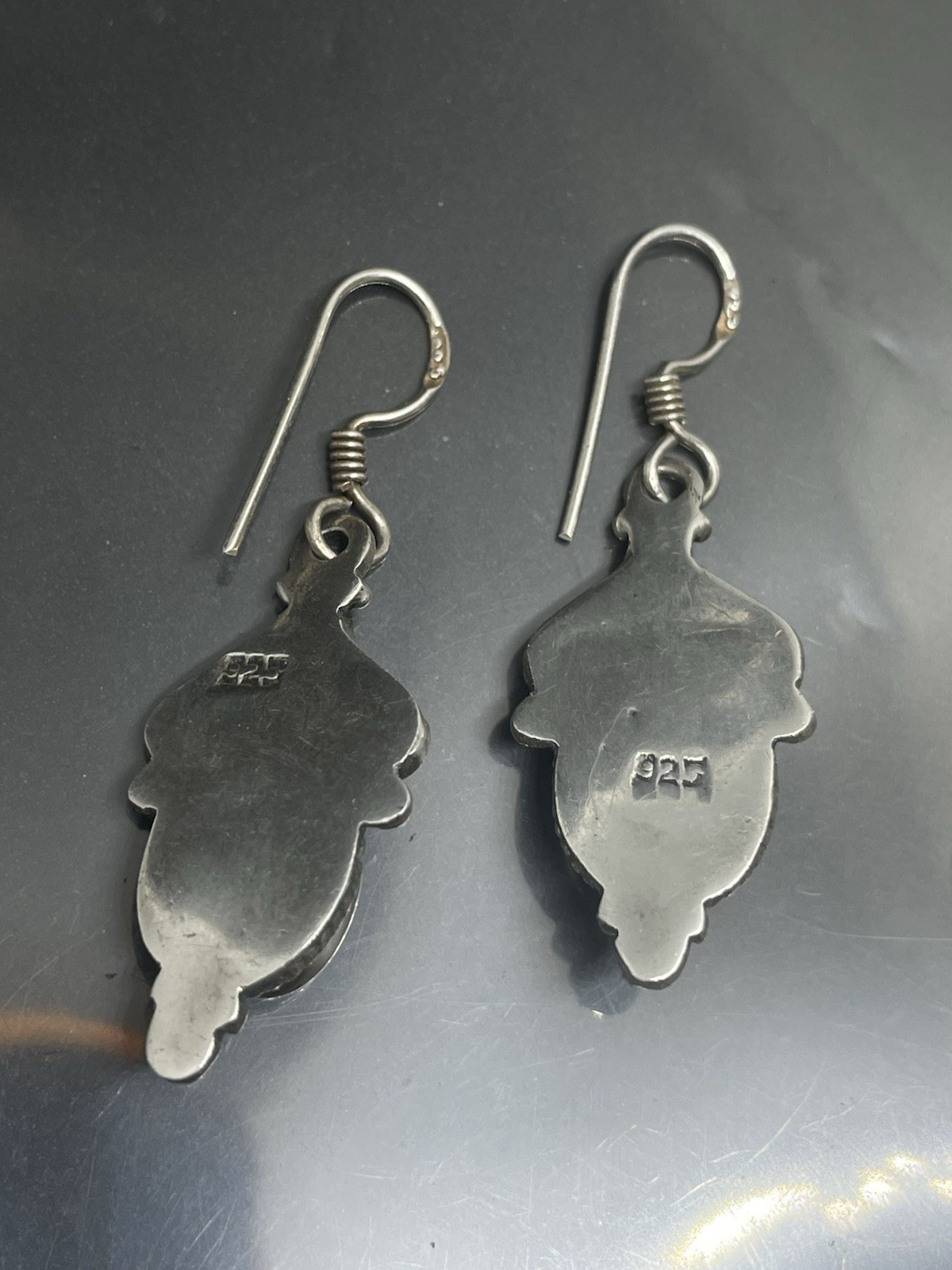 Vintage 925 Sterling Silver Malachite Fishhook Dangle 1.75” Earrings
