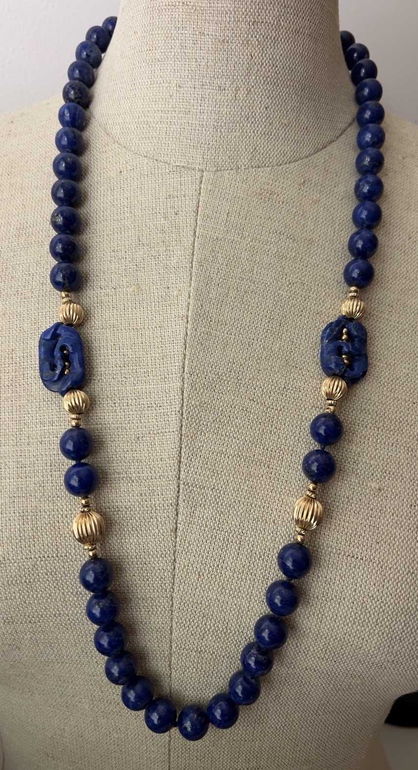 Vintage Lapis Lazuli and 14K Beads Hand Knotted 30” Necklace With Figural Beads