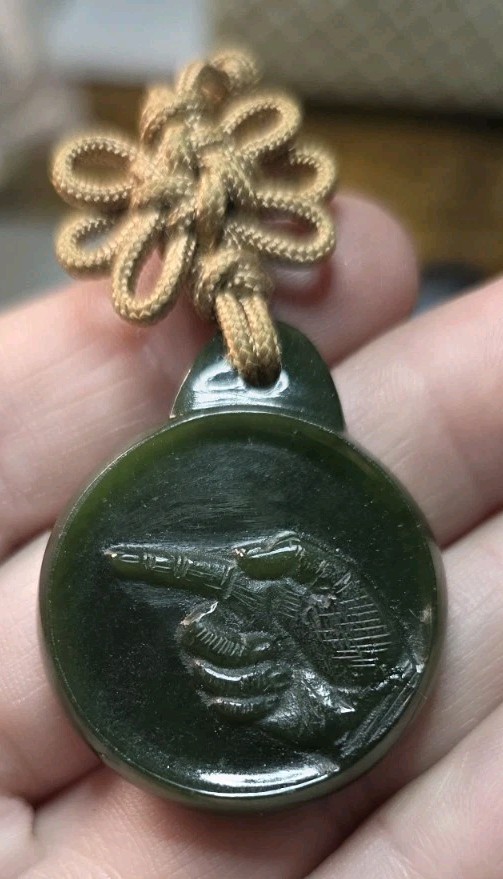 Dark Green Jade Pendant With Pointing Hand Design, Brown Knot Cord