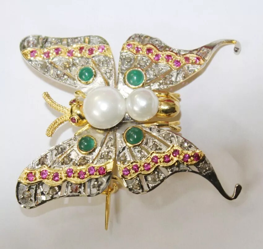 2.40ct Rose Cut Diamond Ruby Emerald Pearl 925 Silver Butterfly Brooch Pin