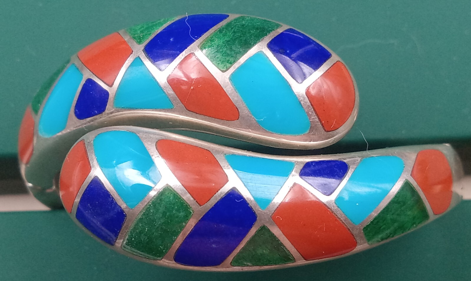 Estate Silver Double Hinged Bracelet: enamel inlay great colors