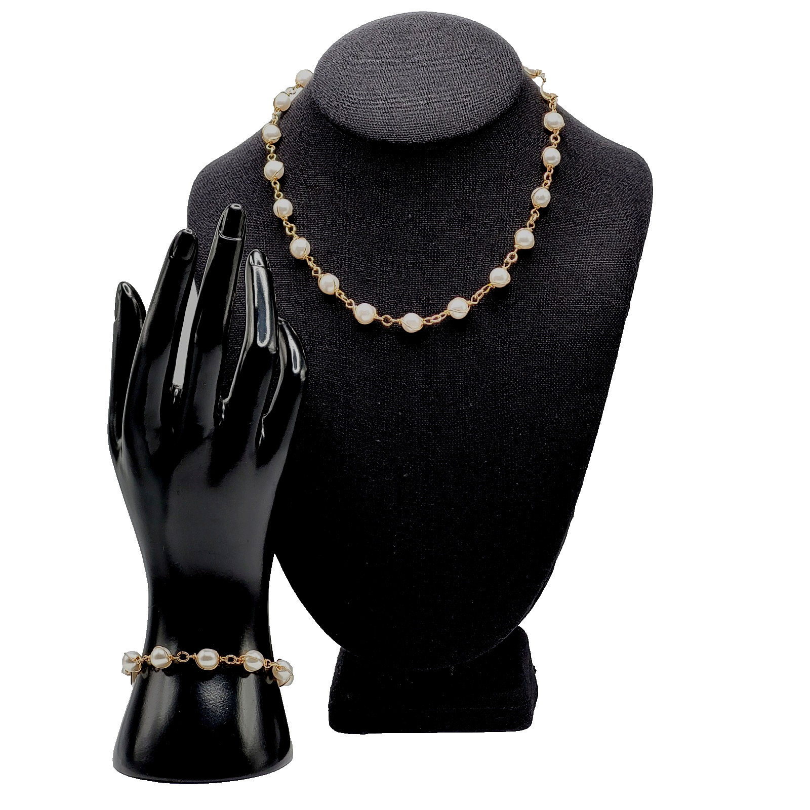 Sarah Coventry Faux Pearl Caged Style Bracelet 7.25 in Necklace 16 in Vtg Signed