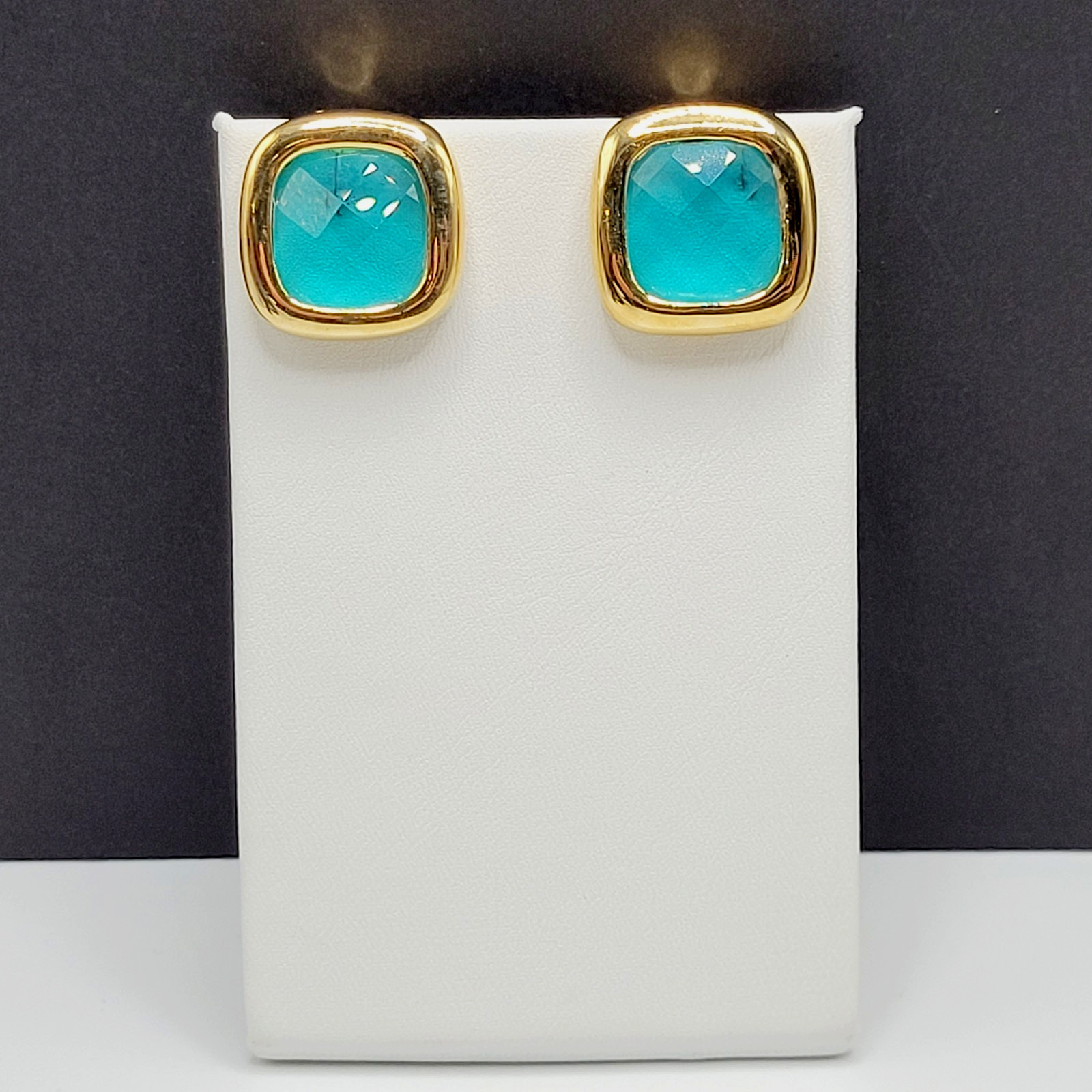 Aqua Light Blue Green Faceted Glass Soft Square Gold Tone Bezel Clip On Earrings