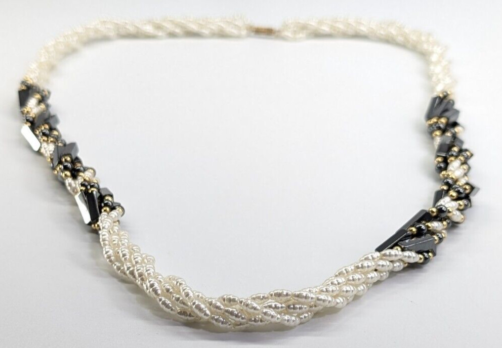 Vtg Rice Pearl & Hematite Multi Strand Twisted Beaded Statement Station Necklace