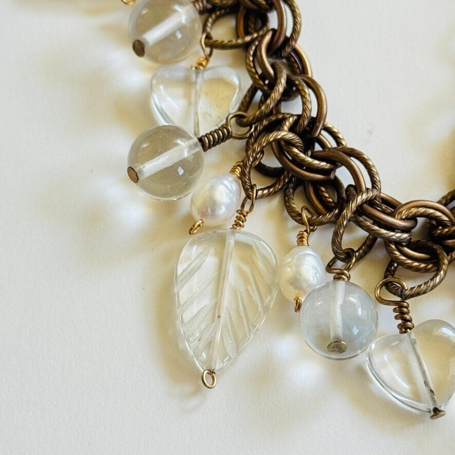 VTG charm Bracelet FreshWater Baroque Pearl glass leaf heart Beaded dangle brass