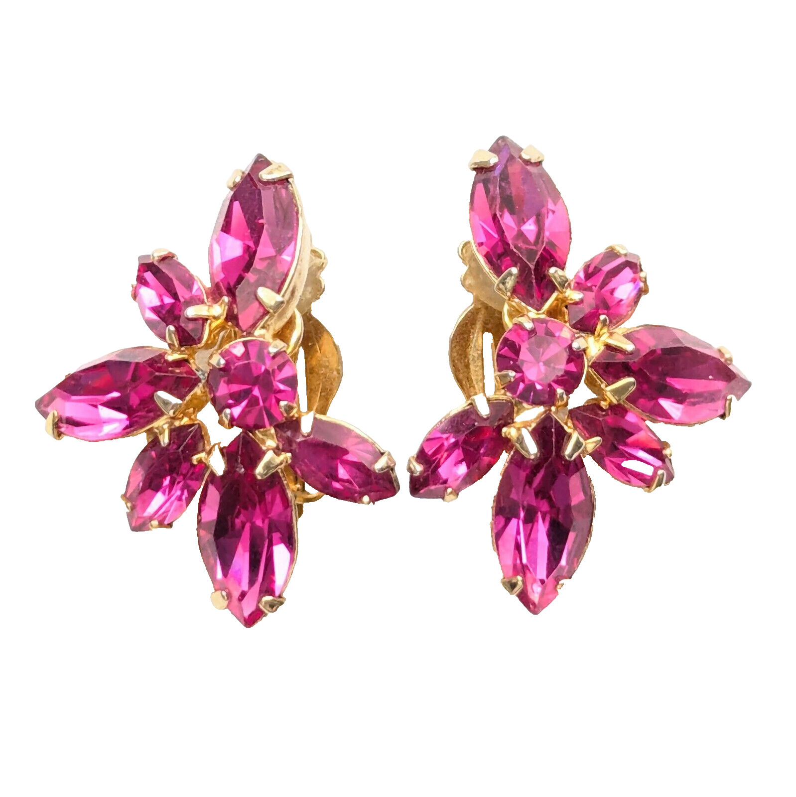 La Roco Hot Pink Clip On Rhinestone Earrings Mid Century Glam Jewelry
