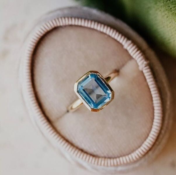 14k Gold Plated 2.00Ct Emerald Lab Created Blue Aquamarine Bezel Engagement Ring