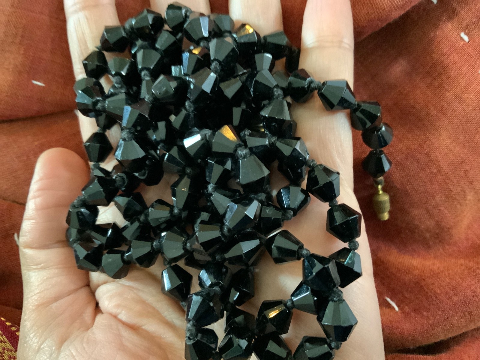 Beaded Flapper Czech glass Oil Slick black hand Knot Rivoli Opera necklace 64in