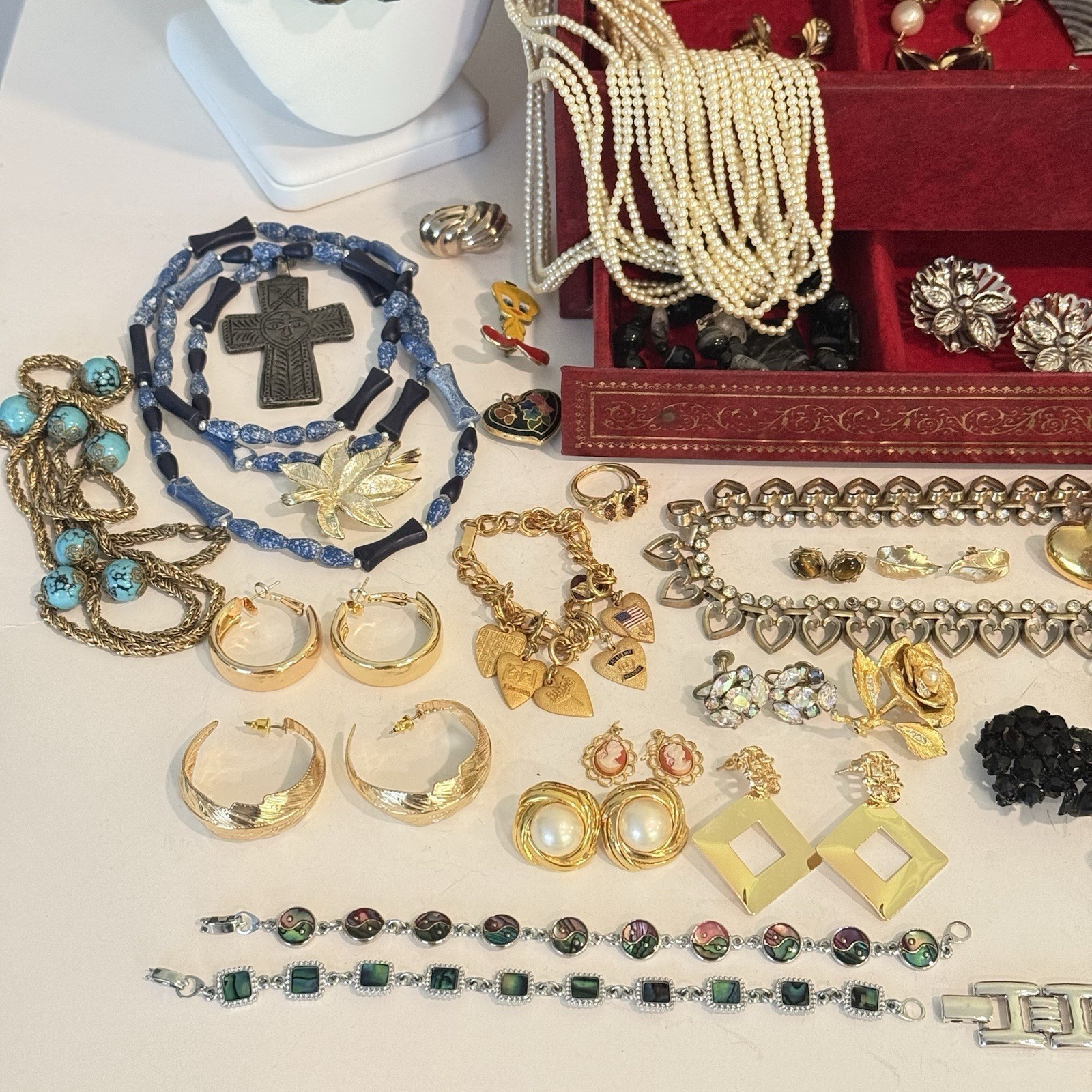 Vintage Estate Jewlery Lot & Box Monet Trifari West Germany Chunky Clip Earrings