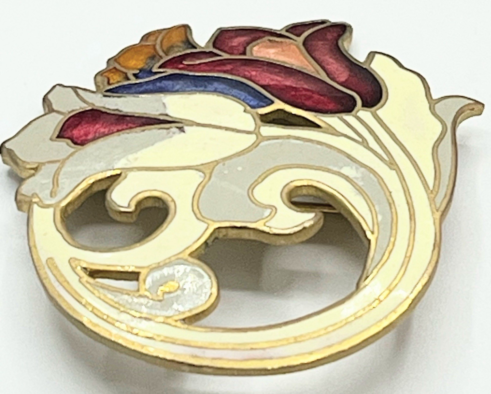 Cloisonné Tulip Brooch Gold Tone Red Orange Cream Gray White Enamel