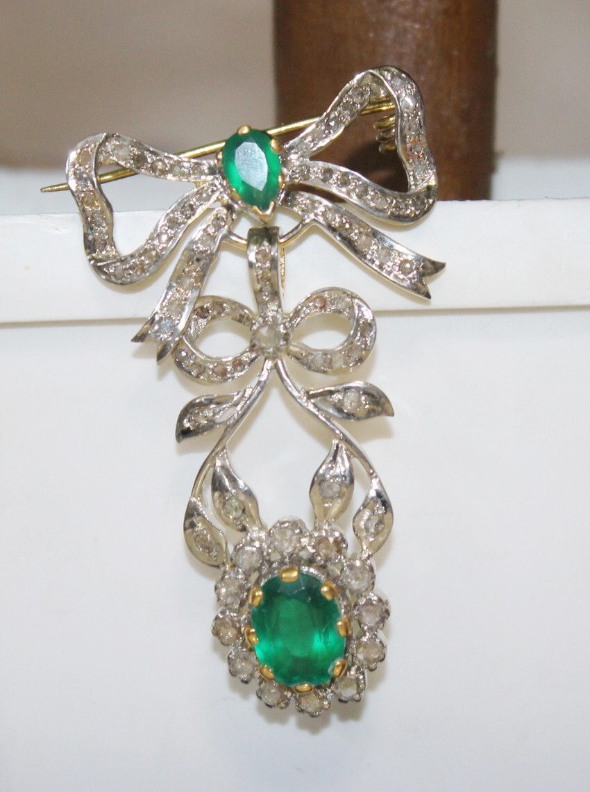 2.20ct Rose Cut Diamond Emerald Antique Victorian Look 925 Silver Brooch