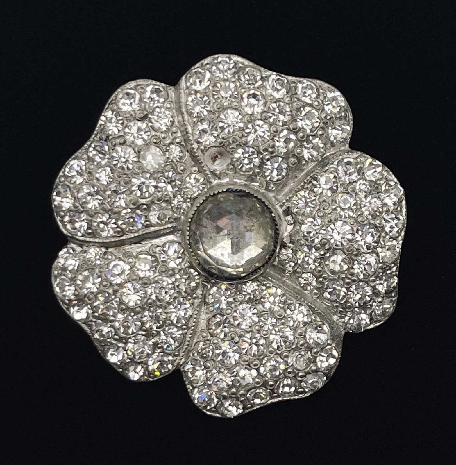 Vintage Pewter w Clear Rhinestones Flower Shaped Brooch Pin