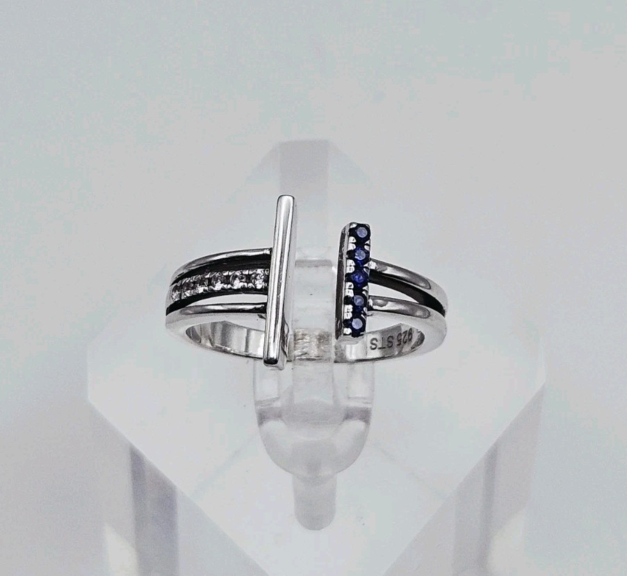 Sterling Silver Channel Set Blue & White Topaz Bypass Ring Size 8