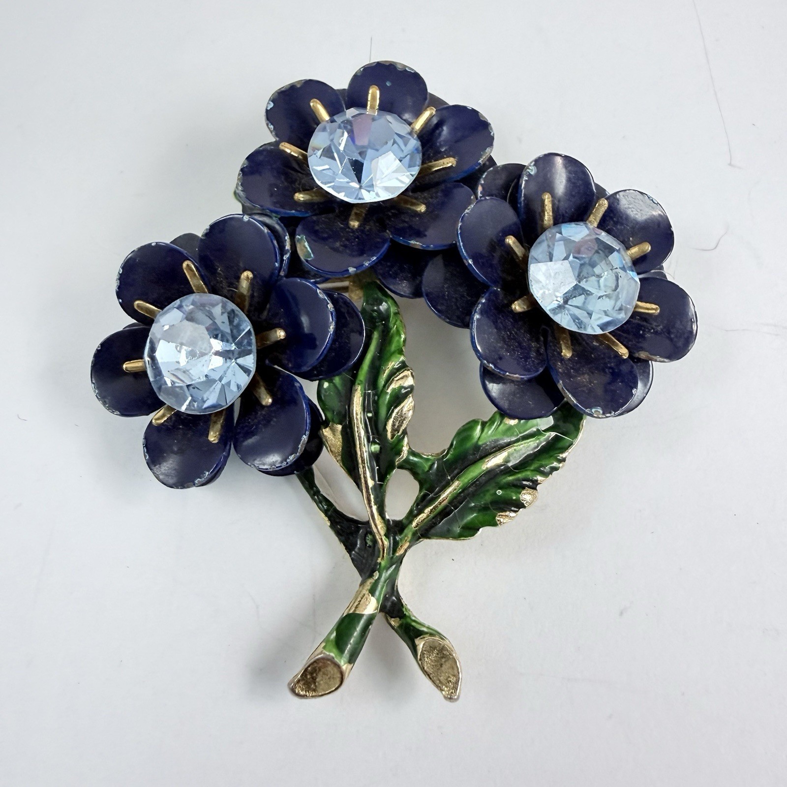 Vintage Blue Rhinestone Enameled Flower Brooch Estate Pin