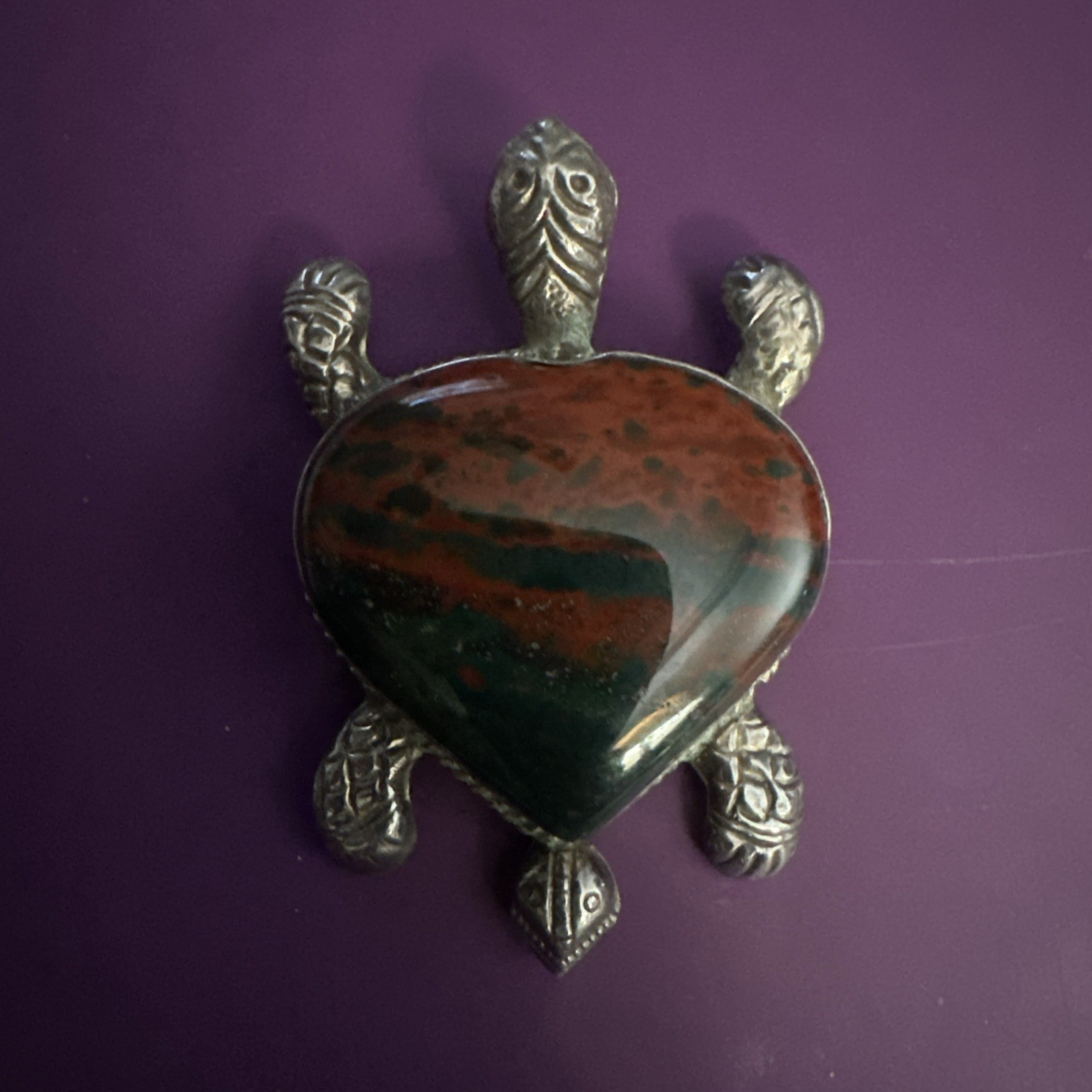 Vintage African Bloodstone & 925 Sterling Silver Turtle Pendant