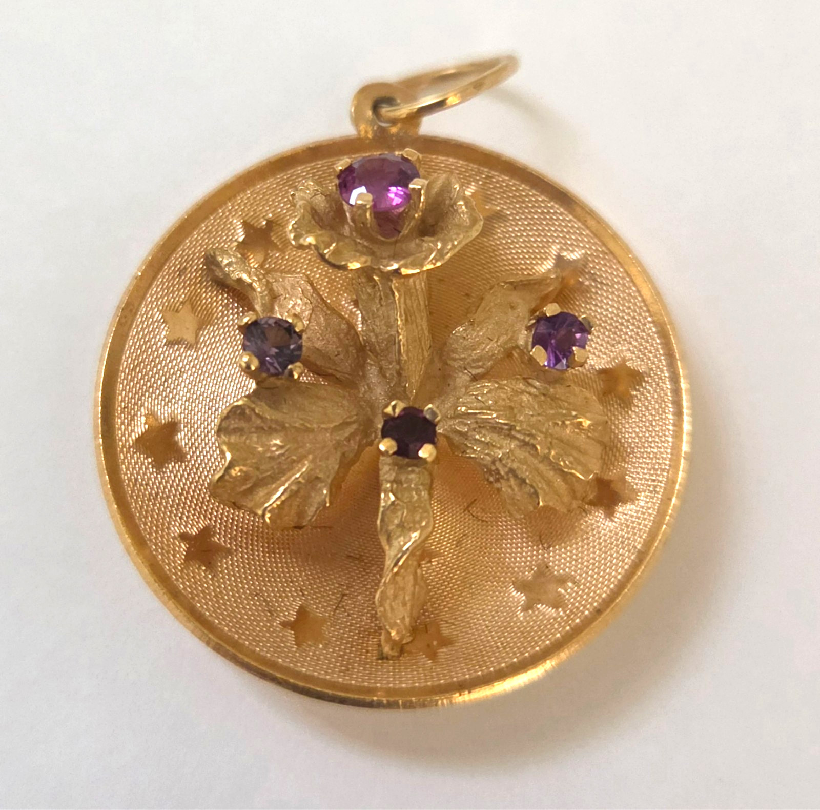 Vintage 14K 3d Orchid above a Field of Stars Pendant/Charm with Purple Stones