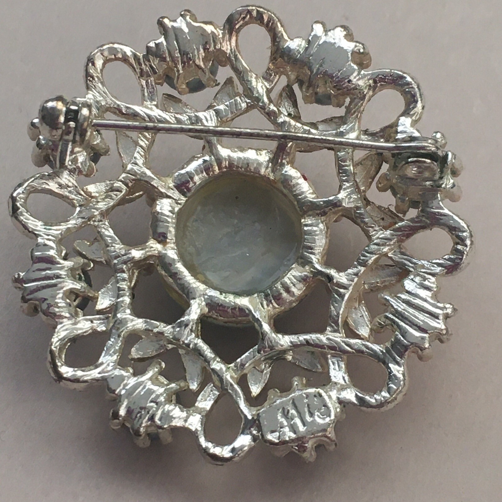 Vintage Brooch Flower Ornate Pearls Floral Grey Silver Pin Nature Plants Stone