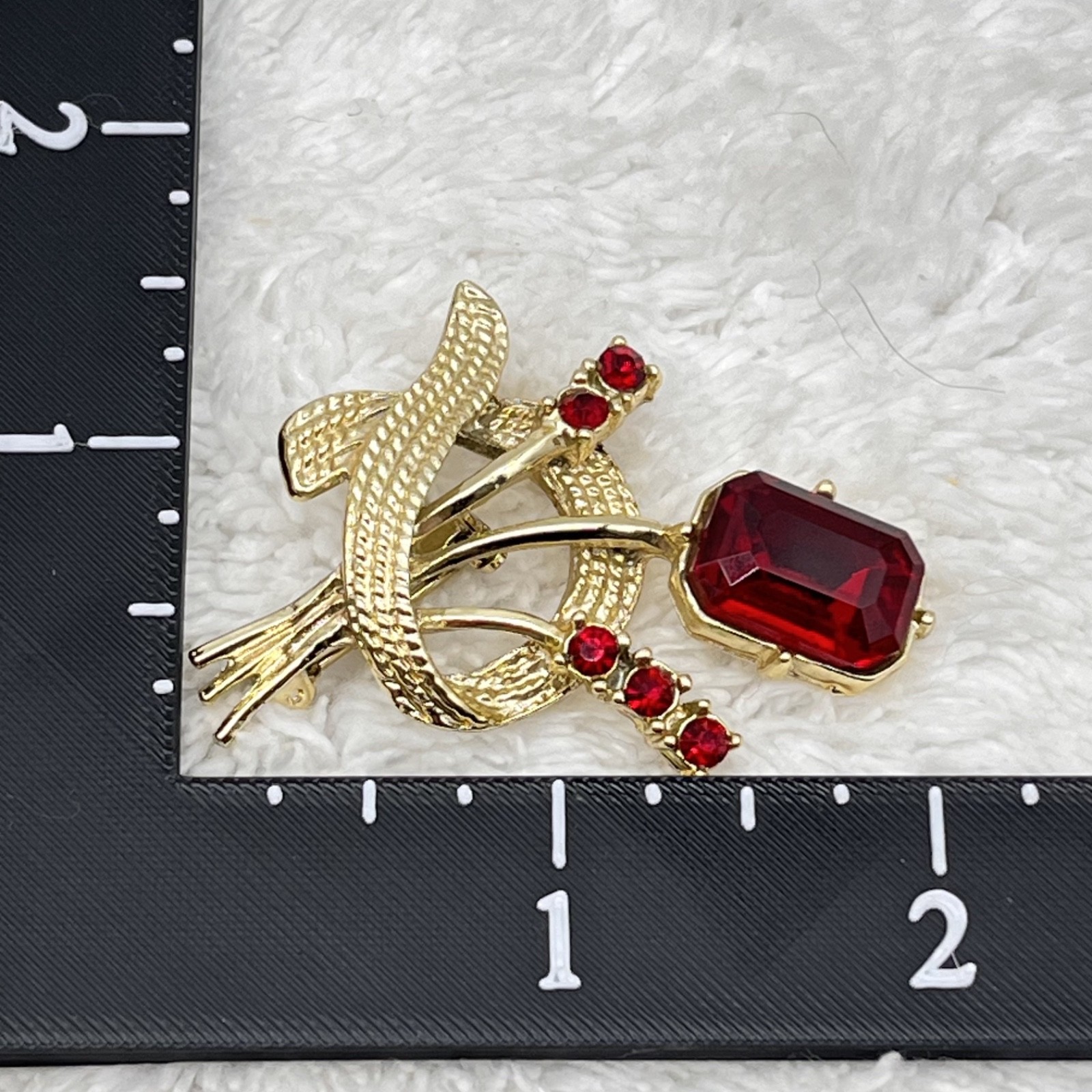 Vintage Flower Brooch Red Rhinestone Bouquet 2″