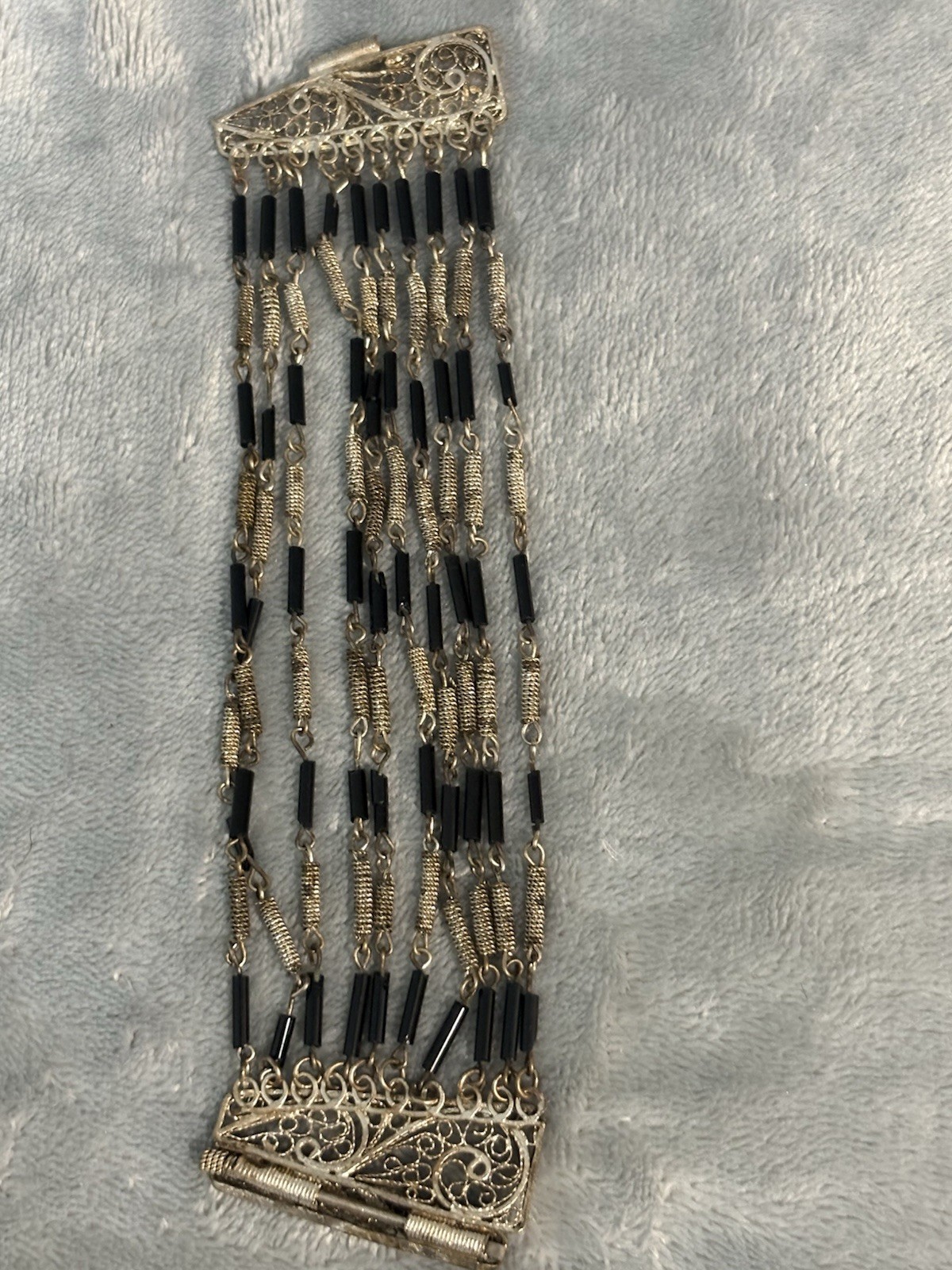 Vintage Multi Strand Wire Wrap Bracelet Filigree Black Tube Bead Metalwork 6.4”