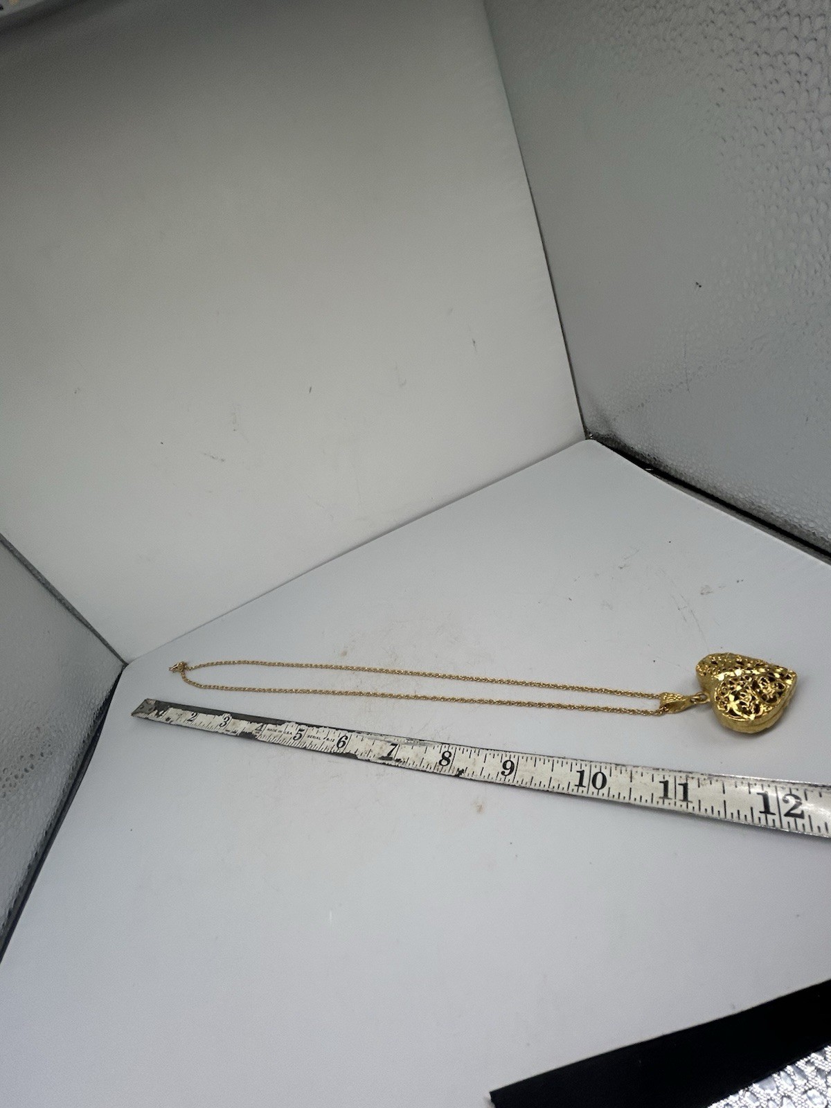Vintage Filigree Heart Necklace Puff Gold Tone In Jewelers Box 24”