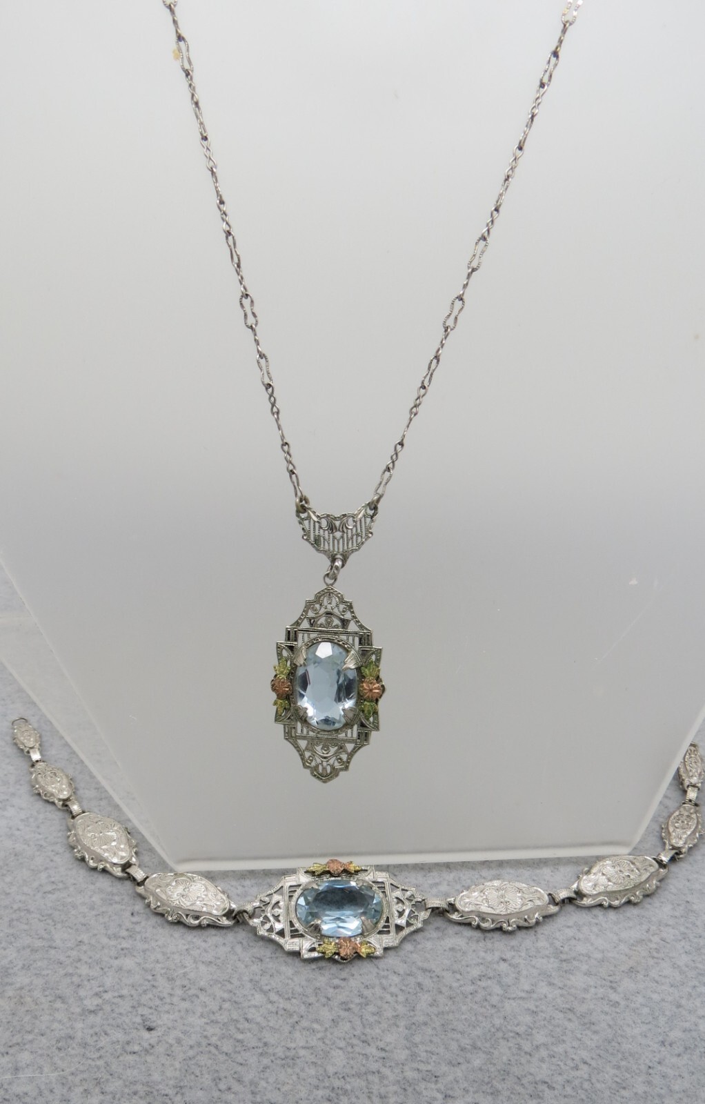 Antique Necklace Bracelet Silver Filigree Purple Stones Rose Gold Accent Flower