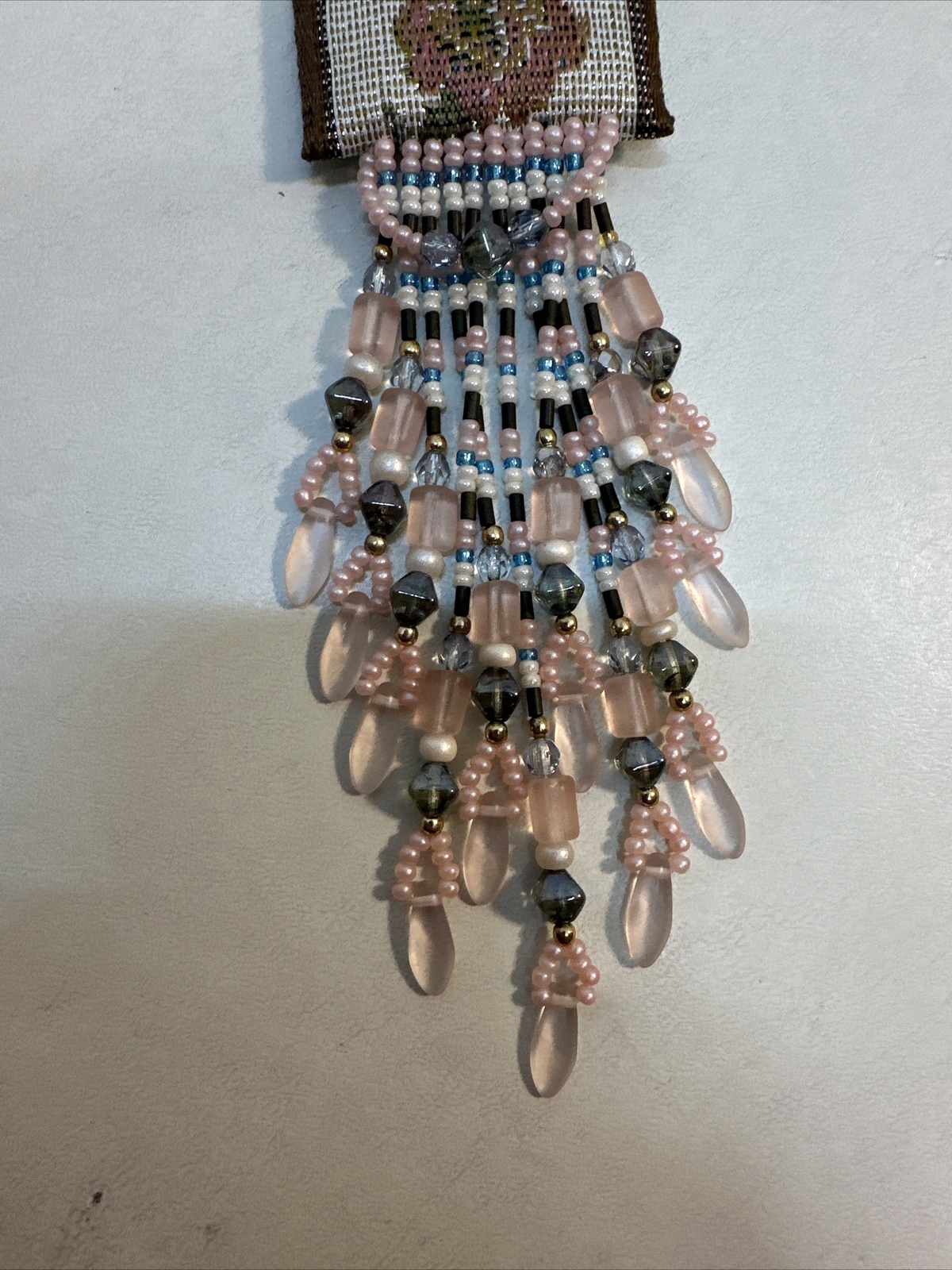 Vintage Needlepoint Handmade Purse Seed Bead Necklace Beaded Fringe-Bo Ho-Hippie