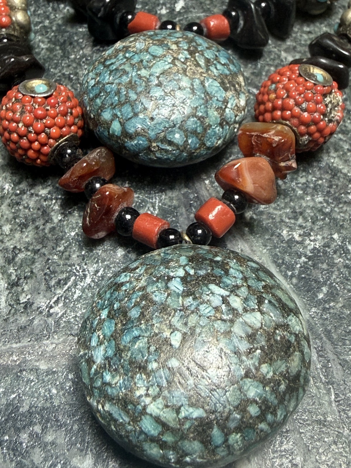 Vintage Tibet Silver, Coral and Turquoise Double Pendant Necklace