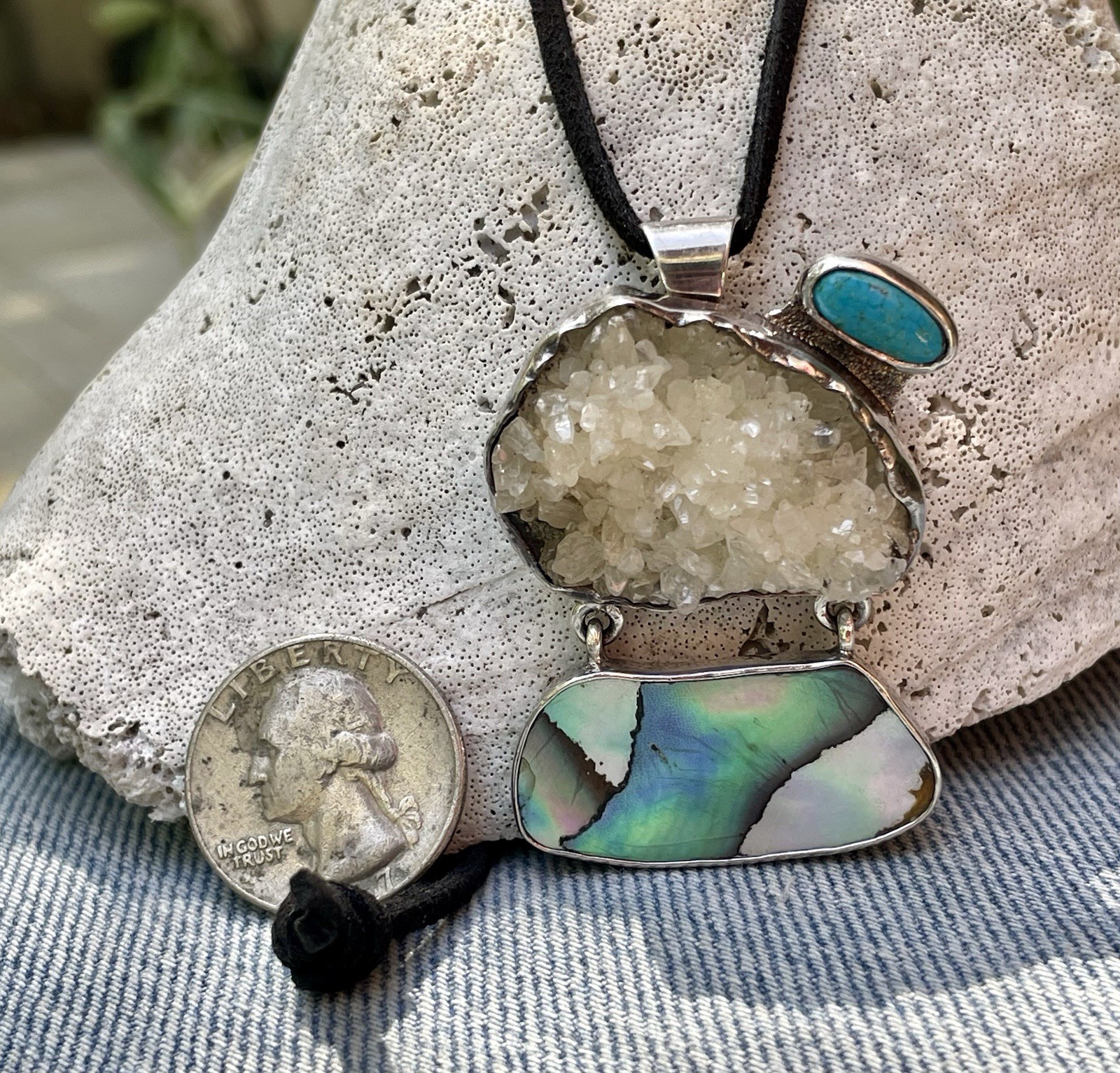 🎥Rock Crystal Rainbow Abalone Turquoise 2″ Pendant Brooch Mex Sterling Silver