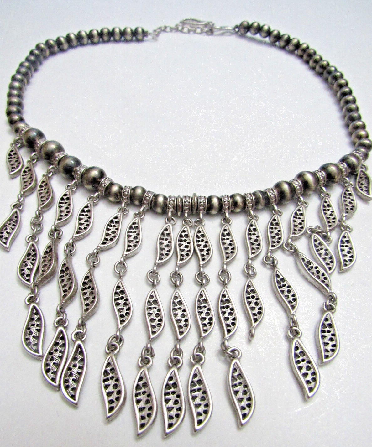 Vintage 18″ Bib Silver Tone Dangle Beaded Metal Necklace 50 g.