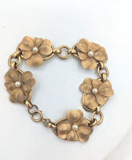 Vintage Flower Bracelet 12K Gold Filled Glass Pearl Floral Link