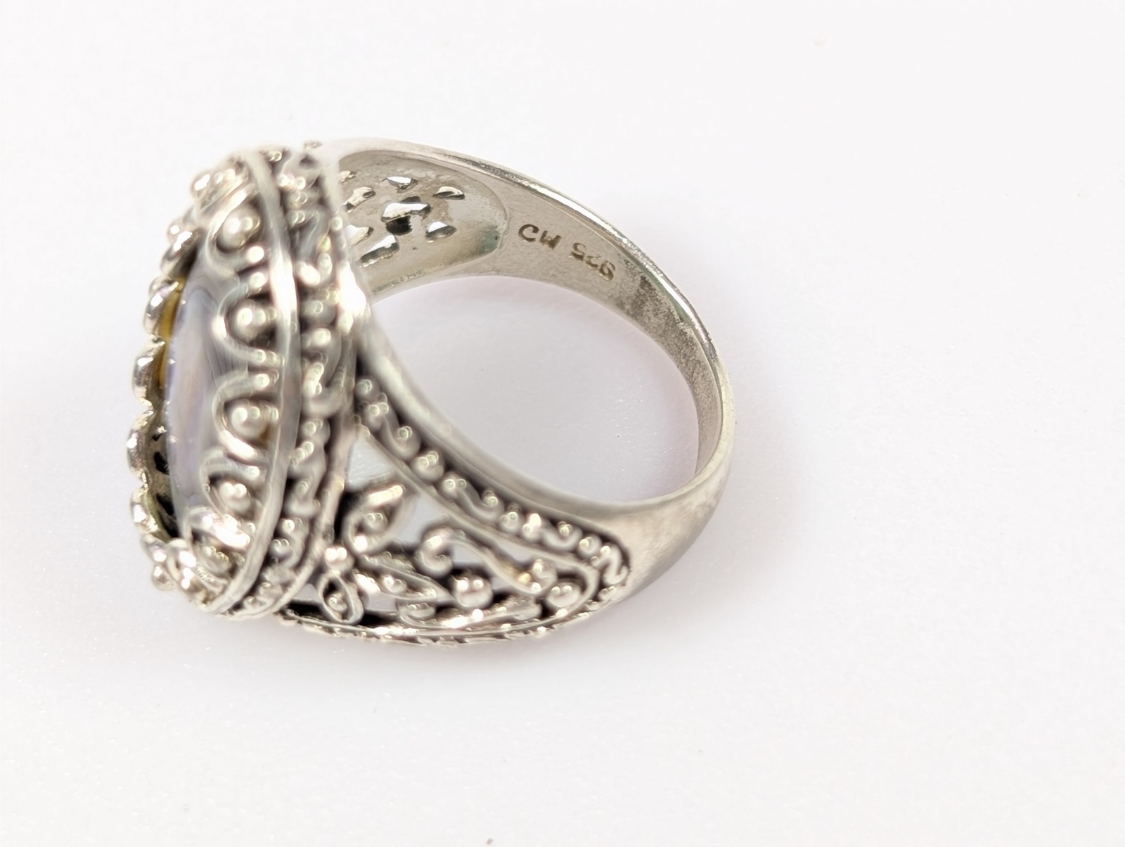 Vtg Abalone Sterling Silver 925 Scalloped Open Filigree Statement Ring CW Sz 5.5