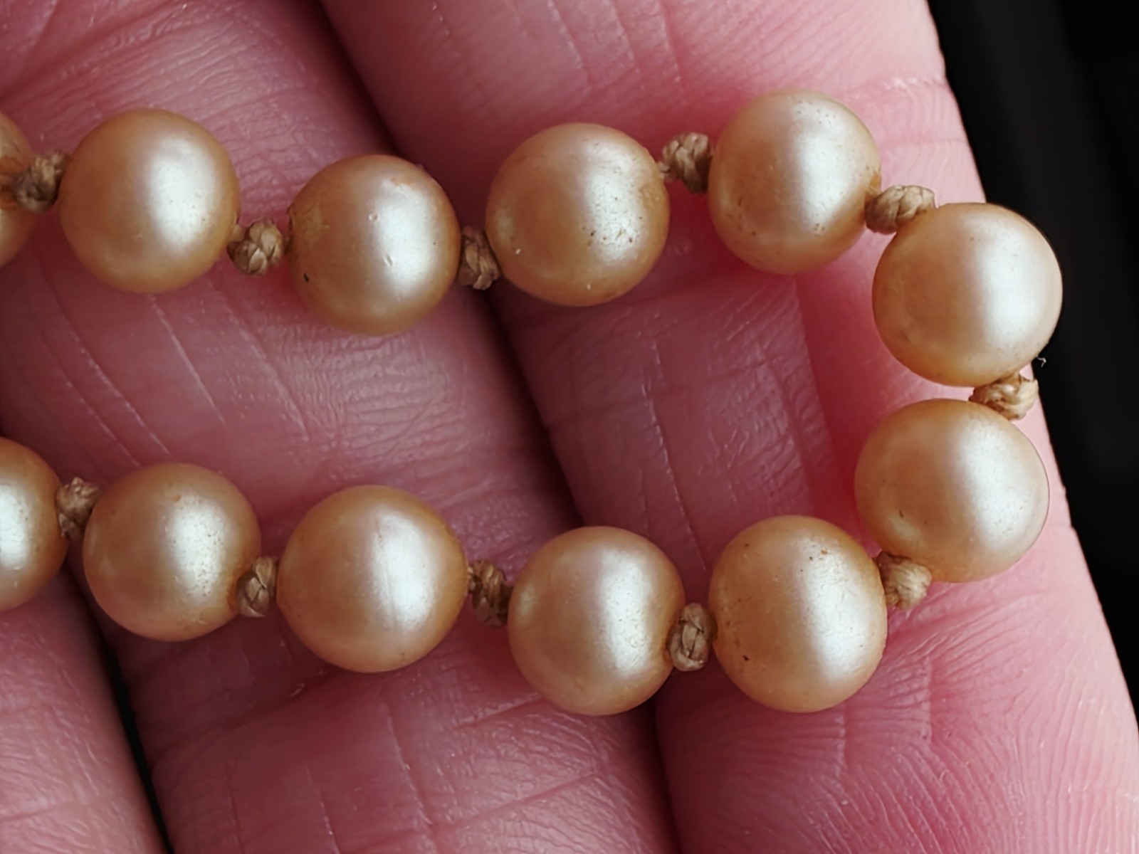 ​Vintage Hand Knotted Glass Pearl Necklace Sterling Silver Filigree Clasp 16″