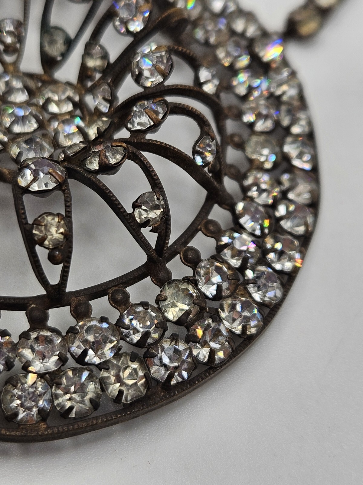As Is Vintage Silver Tone Clear Rhinestones Ornate Pendant Collar Necklace