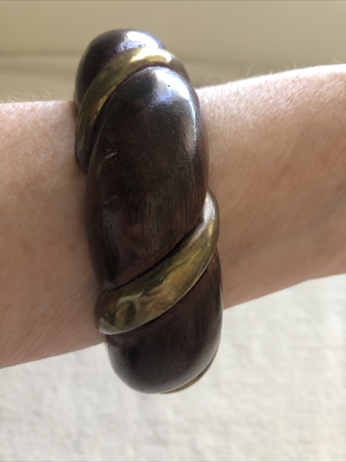 Vintage 1960’s Dark Brown Wooden Bangle with Gold Tone Metal Inlay Bracelet