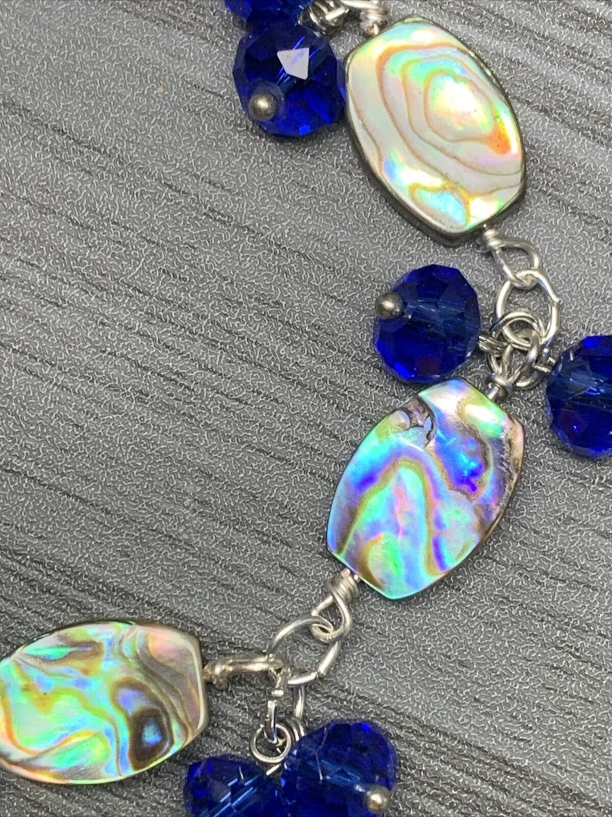 Vintage Beach Ocean Theme Abalone Shell Blue Crystal Bracelet 7.5”-9”