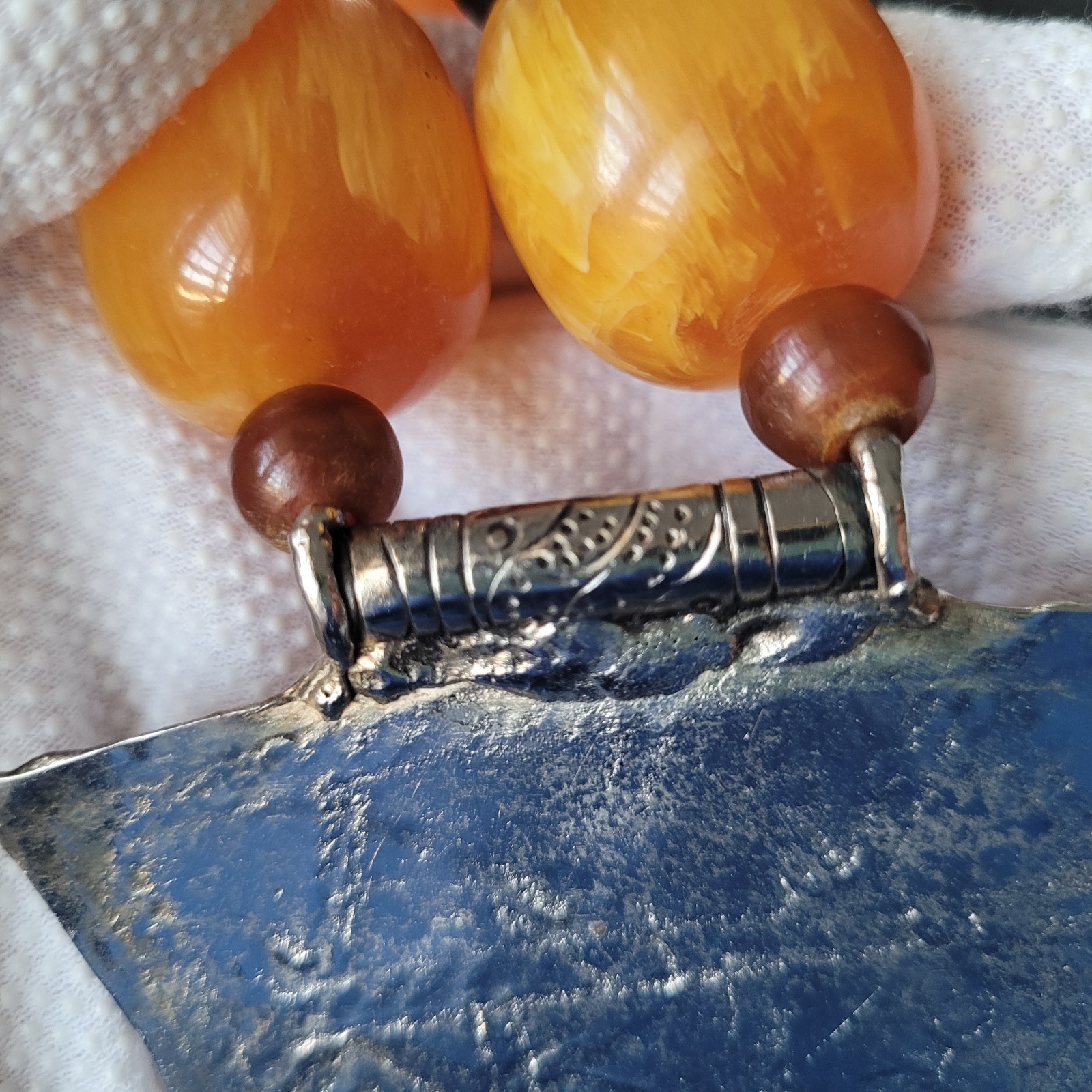Vtg Pressed Amber Resin ? Prayer Beads Necklace Silverplate Pendant Moroccan