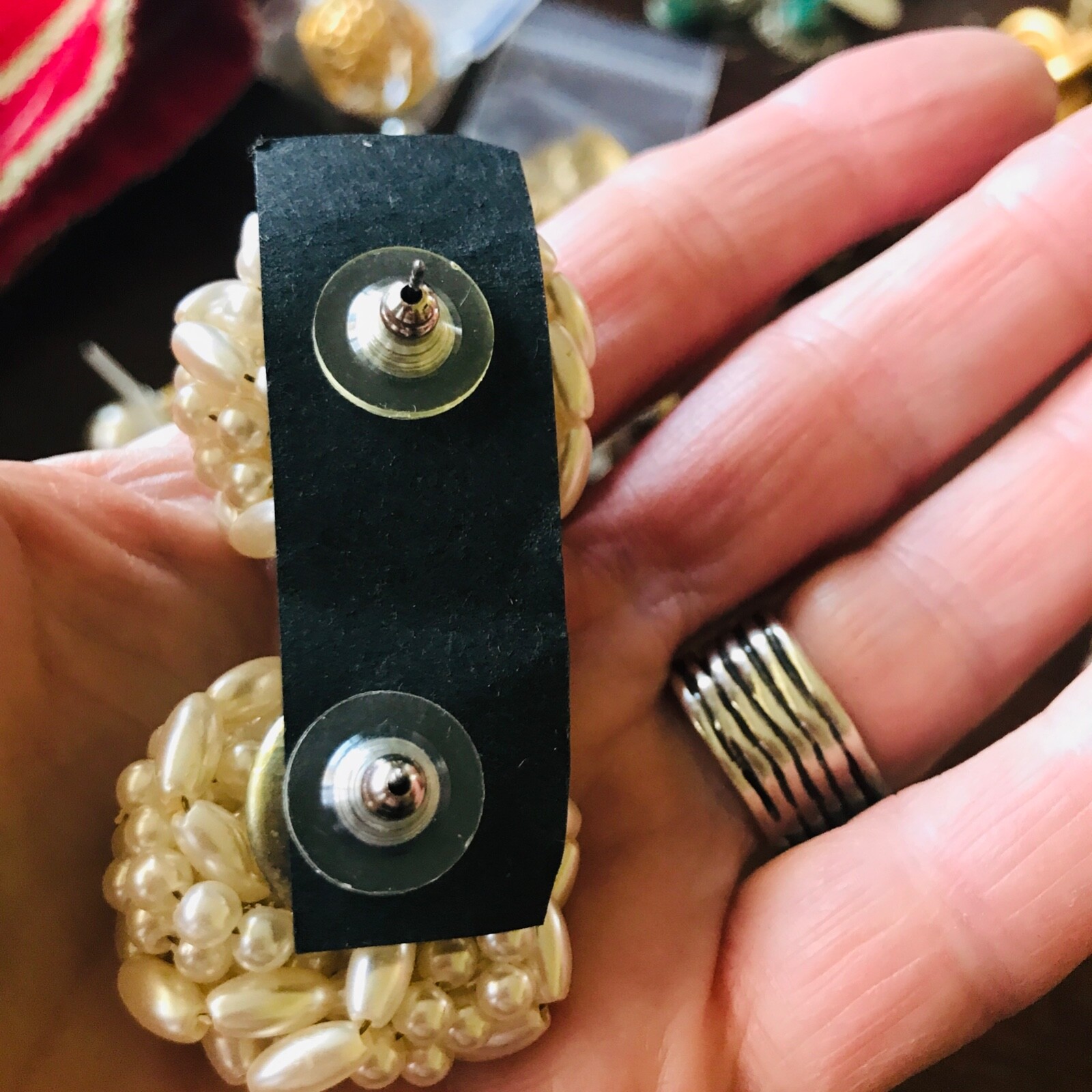 Vintage 80s Stud Earrings Statement Faux Pearl Buttons Cluster Round 1.5″