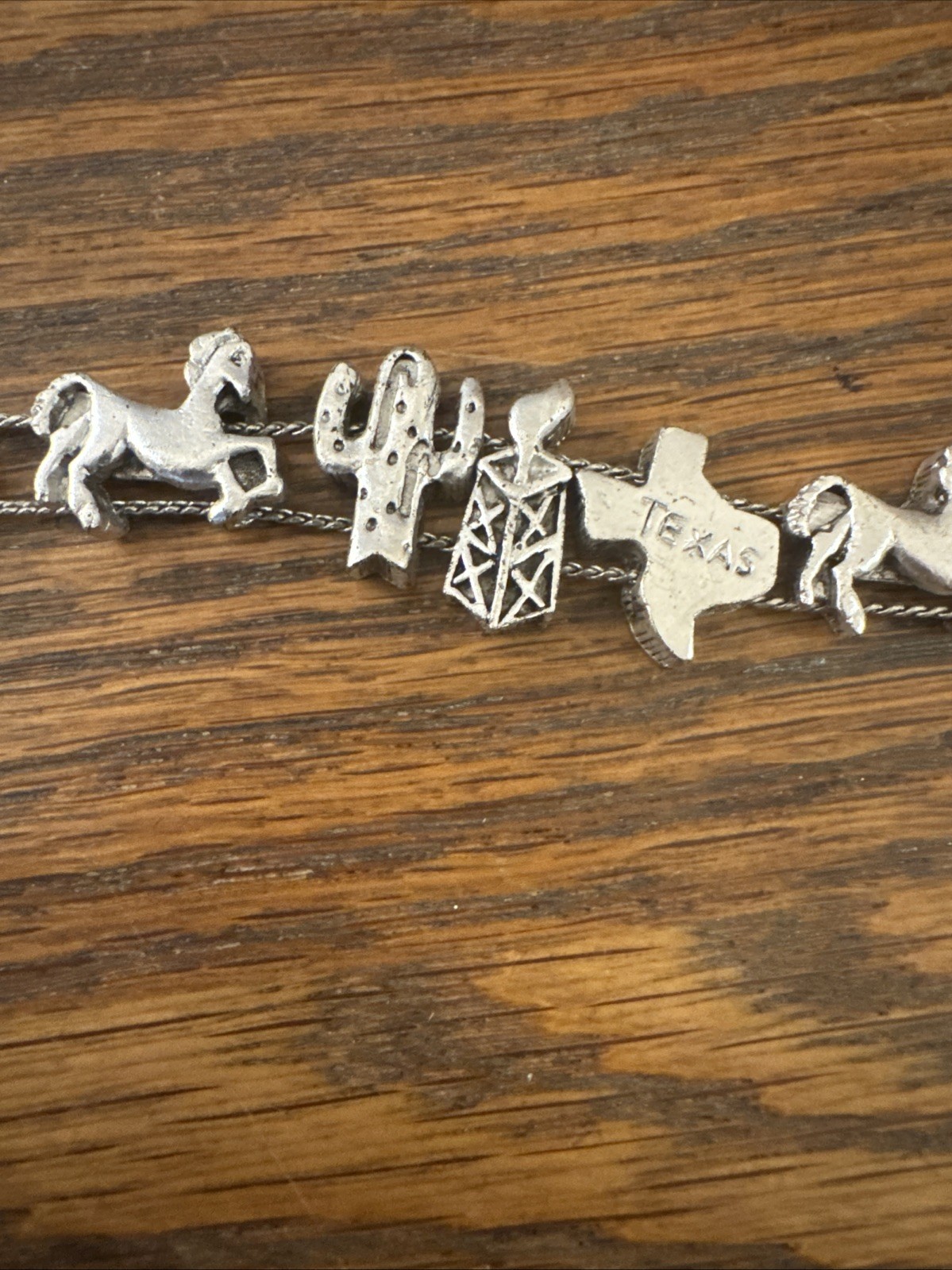 Vtg Charm TEXAS Western CACTUS OIL WELL HORSE SILVER Tone Slide Bracelet TOFA