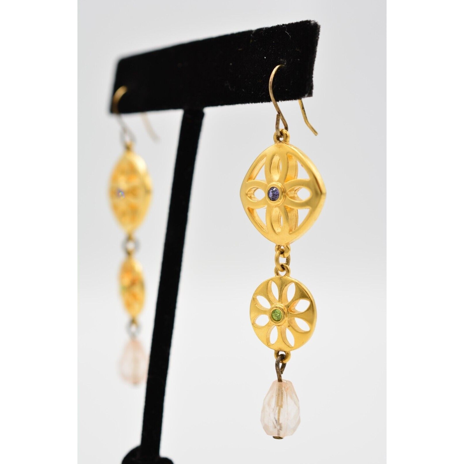 Vintage Drop Dangle Earrings Beaded Crystal Blue Purple Brushed Gold 1980s 9G