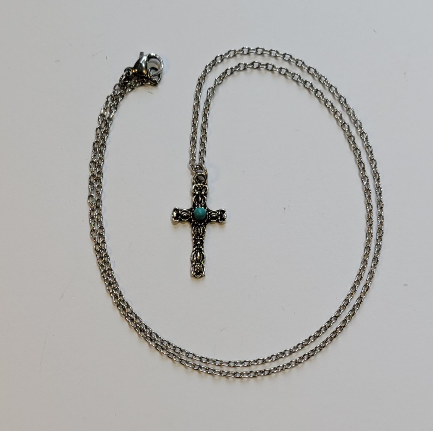 Southwestern Cross Necklace Silver Tone Faux Blue Turquoise 18in Chain Vintage