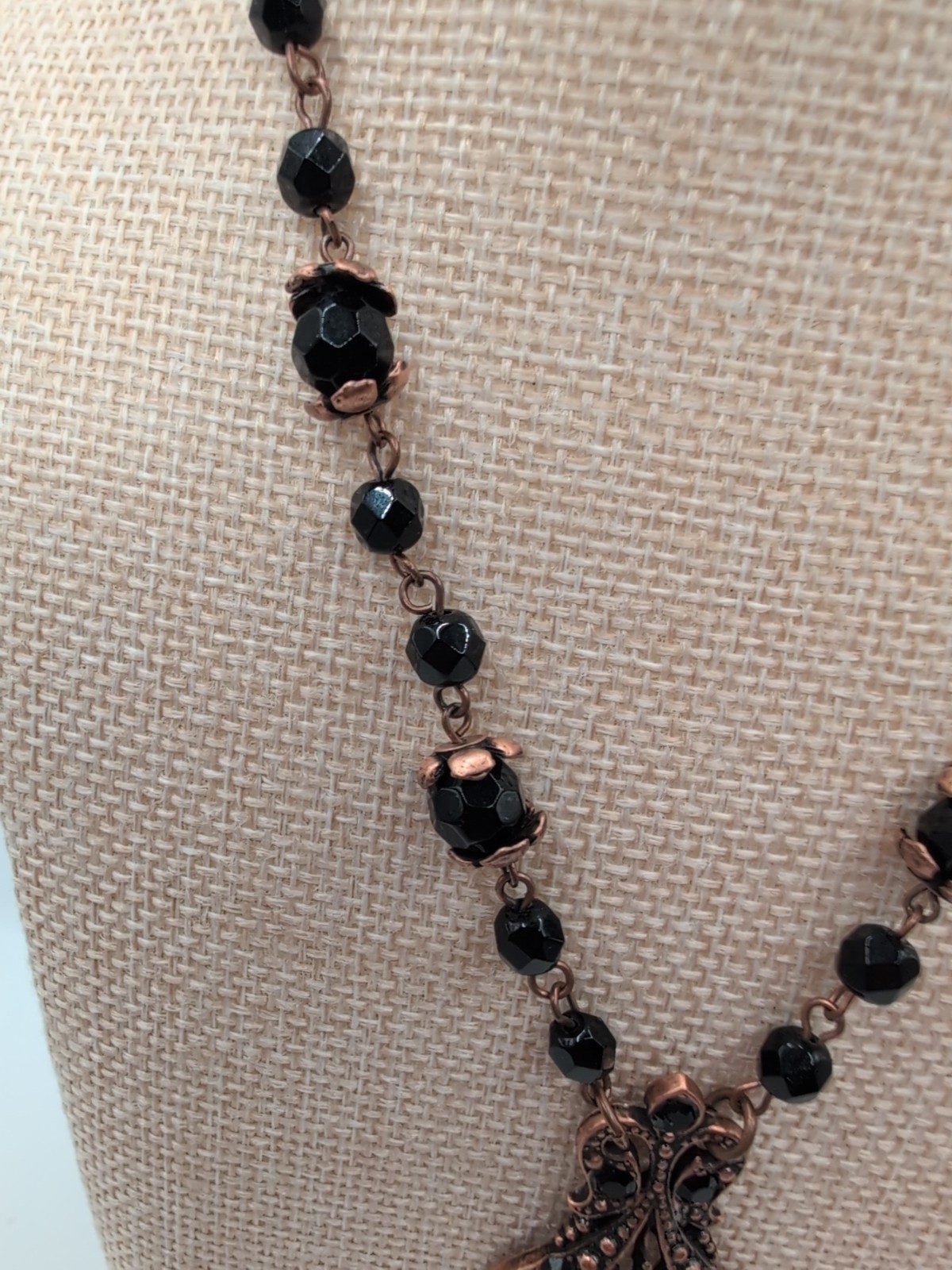 Victorian Revival Copper & Black Beaded Pendant Necklace 24″