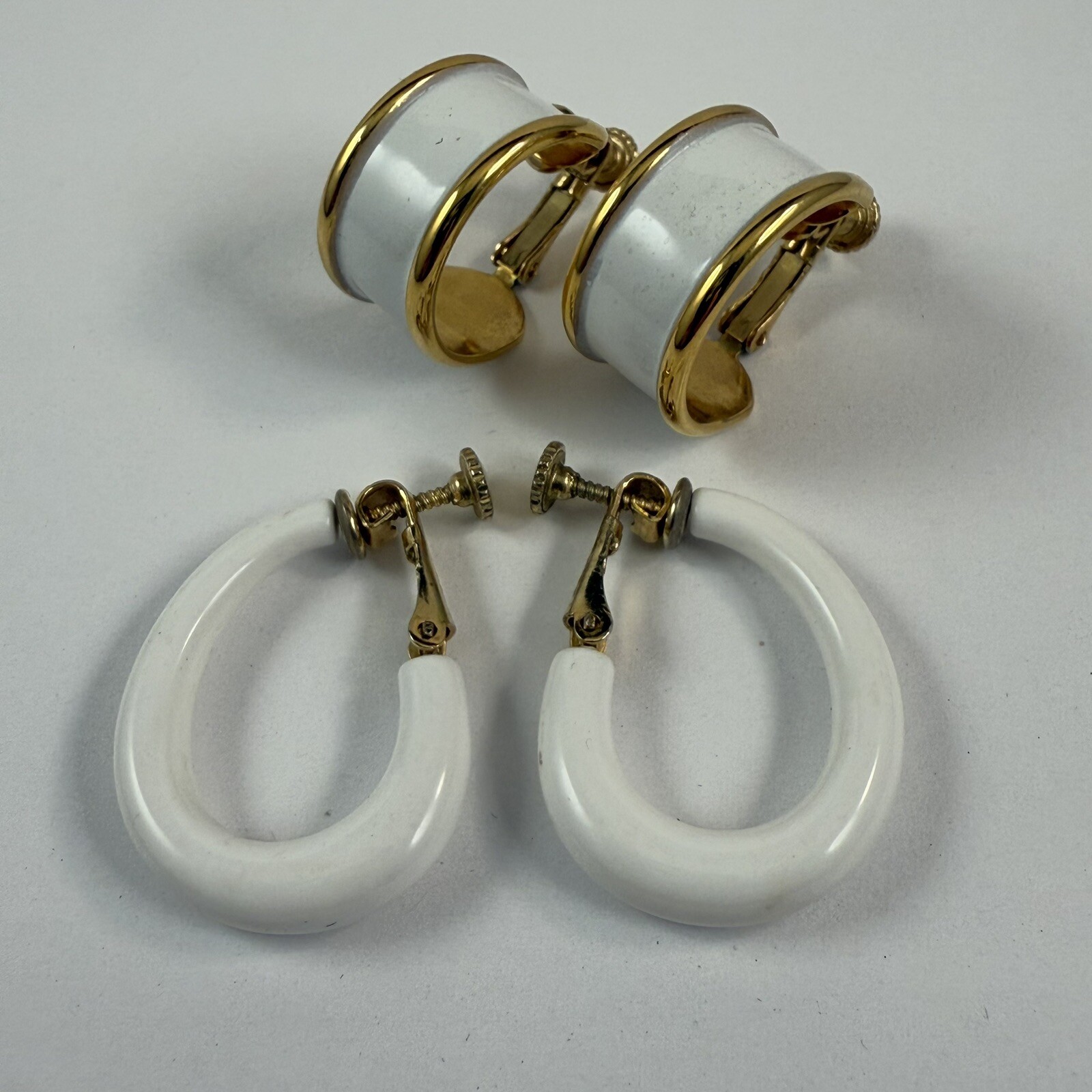 Vintage Two Pair of NAPIER Signed White Adjustable Clip on Earrings Gold Tone