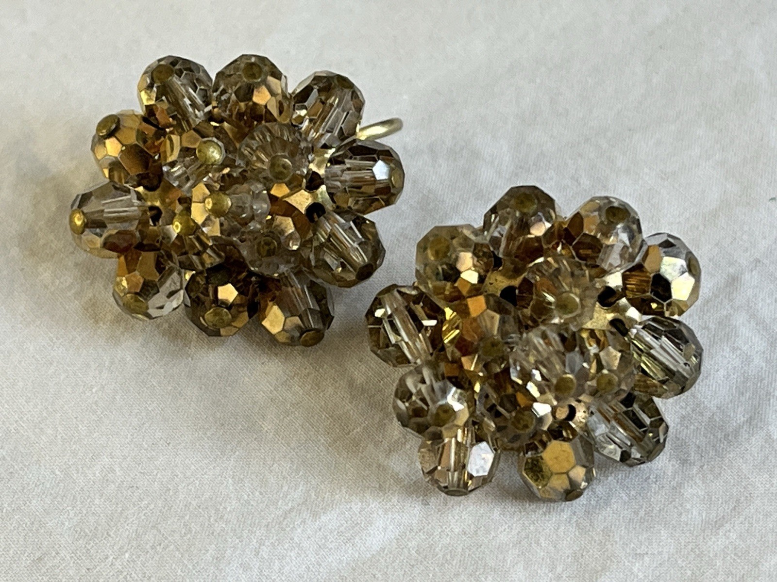 Silver Gold AB Beaded Necklace and Clip On Earrings Set Three Strand Necklace