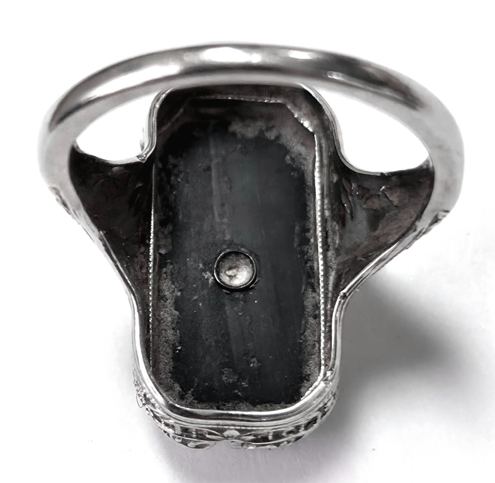 Antique 14K White Gold Black Onyx & Diamond Art Deco Filigree Ring Sz 6.5