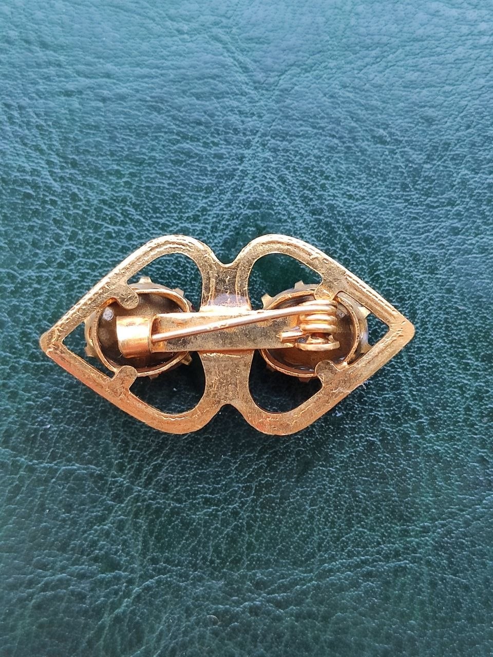 Vintage USSR Soviet Brooch Red Glass Stones Gold Plated Brass Pin 1970s 6g