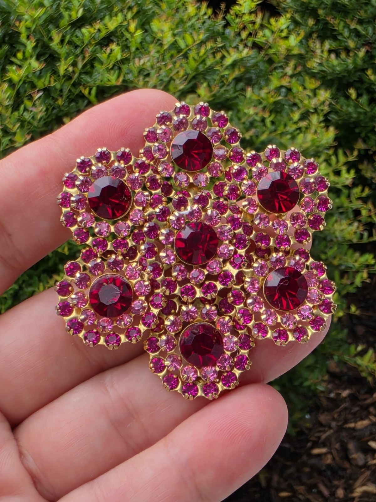 Vintage Mid Century Fuchsia Ruby Red Rhinestone Cluster Flower Brooch Floral